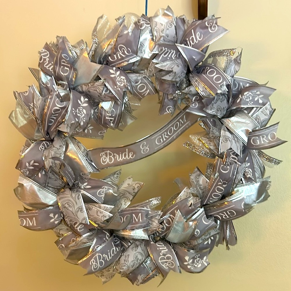 Bride & Groom Silver Ribbon Wedding Wreath